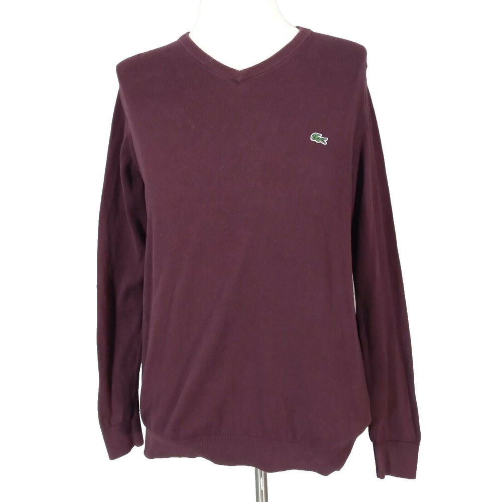 Lacoste Sweater Men L Purple V Neck Pullover Cotton Retro Preppy Logo